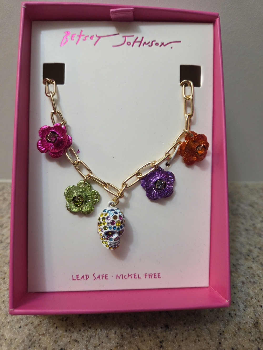 Betsey Johnson Gold Chain Necklace with Multicolor Flower and Skull Charms